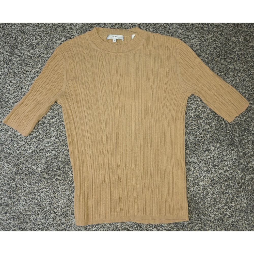 Vince Ribbed Cotton Crew Neck Elbow Sleeve Knit Top Camel Tan Small